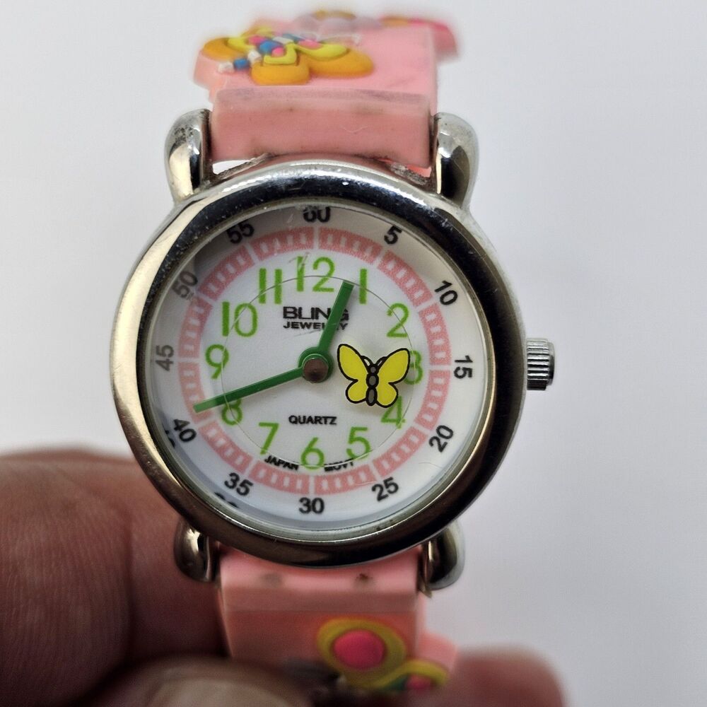 Floating Butterfly Second Hand Kids Watch 27MM White Dial Pink Bands New Battery